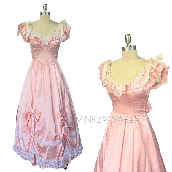 Gunne Sax Vintage 80s Pink Princess Dress Size XS S Maxi Satin Lace Bows - Picture 1 of 11